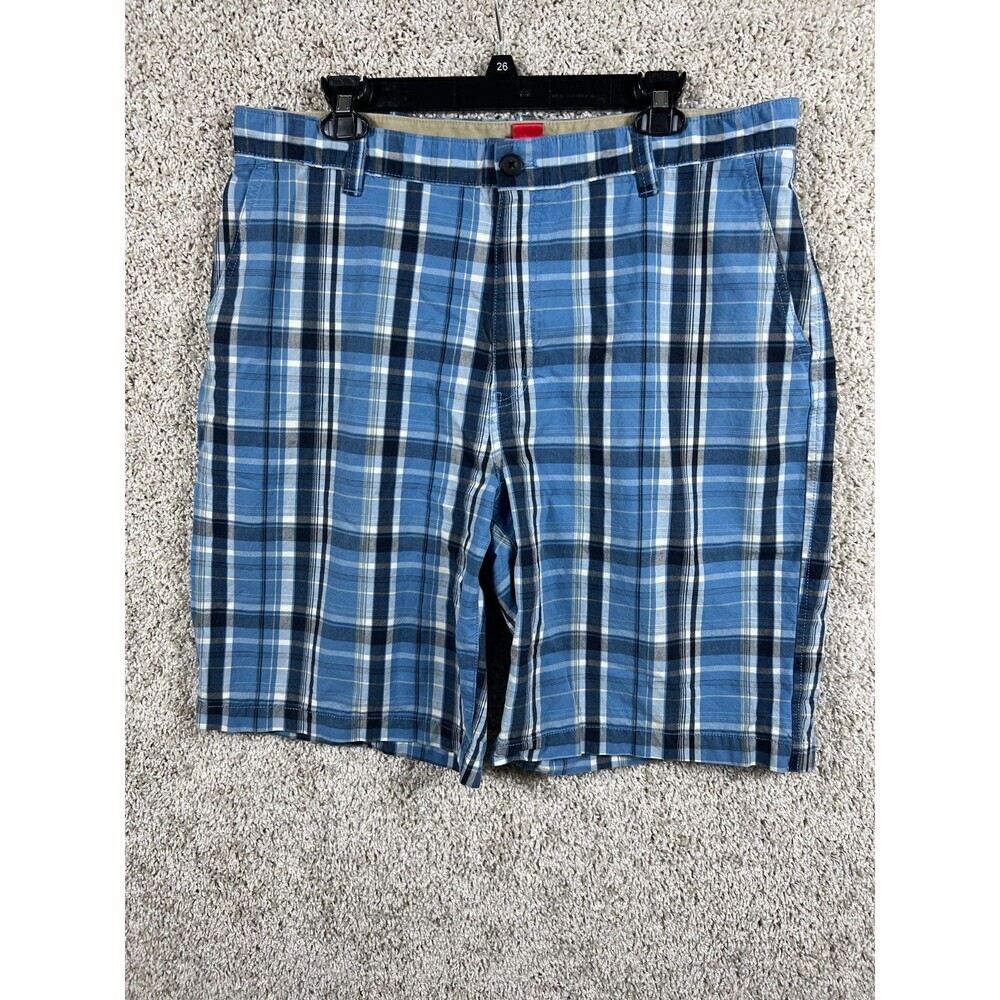 IZOD Men's 38 100% Cotton Flat Front Shorts Blue Plaid 9” Inseam